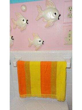 Vintage St Mary's Orange & Yellow Striped Hand Towel w/ Fringe mcm retro 1960s